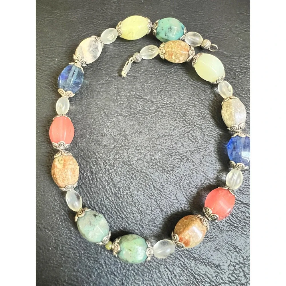 Multi Gemstone Nugget Necklace‎ 16in Sterling Silver Clasp Southwestern Vtg 90s